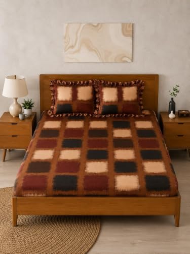 Image of King Size Fitted Bedsheet for Double Bed | 300 TC Cotton Feel Microfiber | All Around Elastic with 2 Frill Pillow Covers | Soft & Durable | (CoffeeBoxFrill, Fitted - Double72x72)