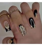 24pcs French Tip Press on Nails Short Square Fake Nails Black Glue on Nails Glitter Gold Sequins ...