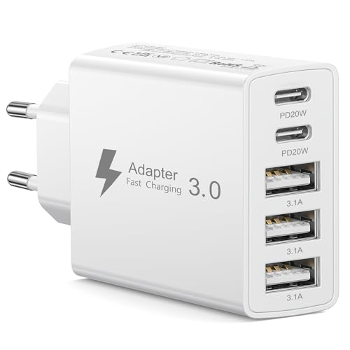 Cargador USB C 50W, 5 Puertos Cargador USBC Enchufe Multiple USB Charger Enchufe Tipo C Carga Rapida Carregador para iPhone 17 16 15 14 13 12 11 Pro MAX Mini XR XS 8 Plus SE,iPad,Samsung,Xiaomi,Google