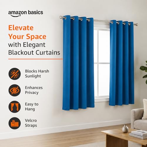 Image of Amazon Basics - Room Darkening Blackout Door Curtains, 100% Room Darkening | 5 Feet |Set of 2| Plain Design | for Living Room and Bedroom | 115cmx 150cm, Color- Blue