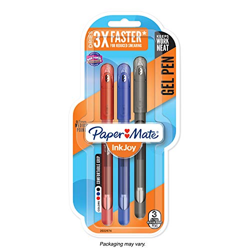 PAPER MATE Caneta Gel, Inkjoy, 0,7 mm, Azul, Vermelha e Preta, Blister, Multicor, 3 Count (Pack of 1), 2022974