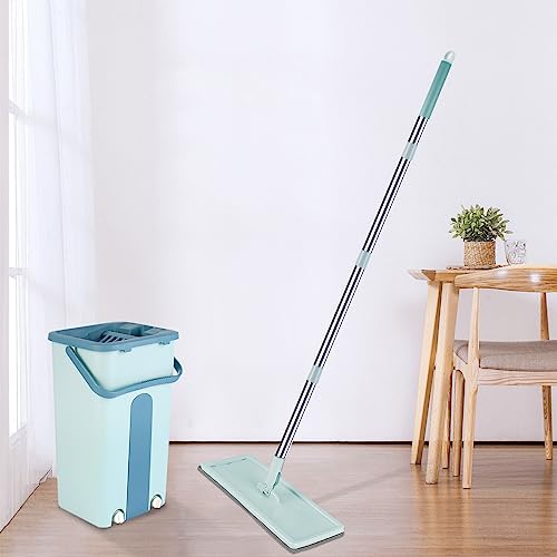 Flachmopp und Eimer Set, Bodenwischer mit Eimer,Wischmopp Set Inklusive 1-Edelstahl-Moppstange, 1-Entwässerungseimer und 2-Wiederverwendbare Moppköpfe,Drainageeimer mit 2-Drainageöffnungen (Grün/S) – Bild 8