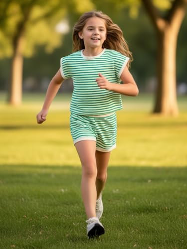 Image of Girls Summer Outfits Striped T-Shirt & Shorts Set for 5-14Y | Kids 2 Piece Clothing, Breathable Textured Tops and Bottoms with Pockets, Great for Casual Wear, School, Sports or Vacation