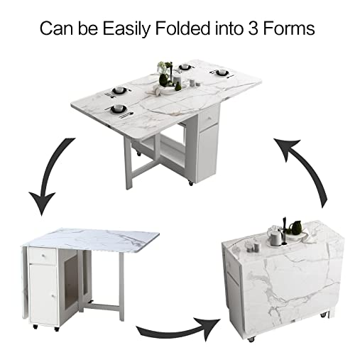 Funrolux Folding Dining Table With Storage Rack And 2 Storage Drawers, Movable Kitchen Table Extendable Dining Table Space Saving Table In 3 Forms (White) #TOP6