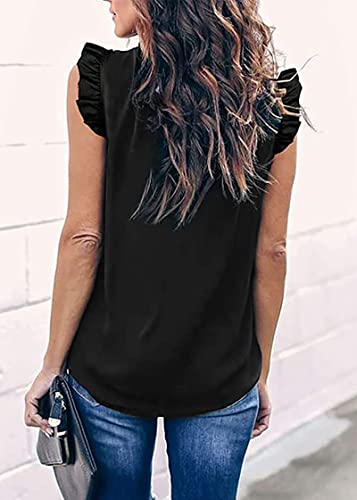 Kirundo 2023 Summer Women's Tunic Tops Ruffle Neck Cap Sleeve Floral Leopard Print Loose Babydoll Tank Shirts Blouses(Medium, Solid-Black) #TOP2