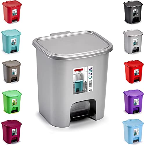 plastific 7.5l Foot Pedal Bin Dustbin Rubbish Kitchen Pedal Bins Plastic Foot Pedal Bin Paper Waste Pedal Trash Bin Kitchen Office Plastic Bins (Silver, 7.5l)