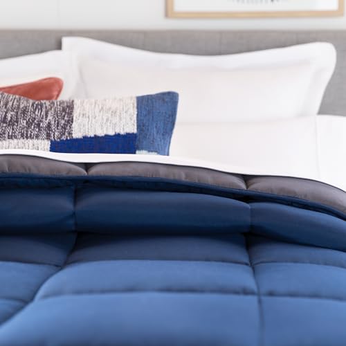 Image of Linenspa Reversible Down Alternative Comforter and Duvet Insert, for Full Size Bed - All-Season Comforter with Box Stitch and 8 Duvet Loops - Bedding for Kids, Teens, and Adults - Navy / Graphite
