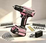 materiel projection Kit riche de 56 pièces & Qualité premium: L'emballage comprend 1 x perceuse sans fil 20V (rose), 1 x batterie de 2Ah, 1 x chargeur rapide, plus 10 forets, 20 embouts de tournevis, 10 vis, 10 chevilles d'expansion, 4 clés à douille, 1 tige d'extension et 1 tête d'entraînement à arbre flexible. Tous les accessoires sont fabriqués en matériaux de haute qualité pour une durabilité, rendant votre travail plus pratique et efficace.
