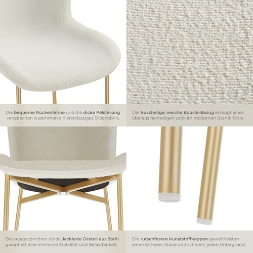tectake® Polsterstuhl, Bouclé Stoff, Stuhl für Küche, Esstisch, Sessel für Schminktisch, oder Cocktailsessel, als Elegante Esszimmerstühle oder Wohnzimmerstühle für edles Dining - Bouclé weiß/Gold