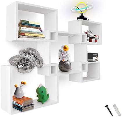 Modern Wall Mounted Square Shaped Floating Shelves Set of 5 Square Shelves for Bathroom, Bedroom, Living Room & More - Screws and Anchors Included Rustic Wall Décor Display for Home - White