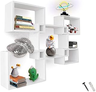 Modern Wall Mounted Square Shaped Floating Shelves Set of 5 Square Shelves for Bathroom, Bedroom, Living Room & More - Screws and Anchors Included Rustic Wall Décor Display for Home - White