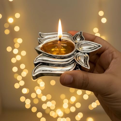 Image of 999 Pure Silver Plated Lotus Diyas for Pooja - Set of 2, Handcrafted Silver Diya for Puja & Spiritual Gifting for Home Decor