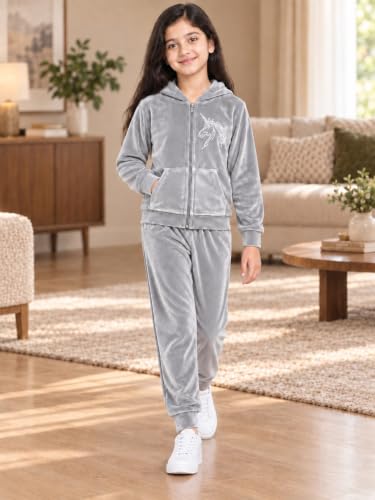 Image of Kuchipoo Girls Velvet Zipper Hooded Sweatshirt & Jogger Set | Soft Velour Zip-Up Hoodie with Kangaroo Pockets & Pajama | Warm Full Sleeve Winterwear