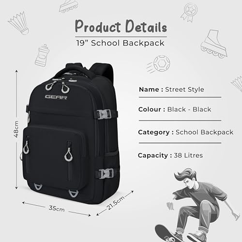 Image of Gear Street Style 19 inch /38L Large Water Resistant School Bag | Casual Backpack | Daypack | Travel Backpack | Kids Bag for Boys /Girls (Black - Black)