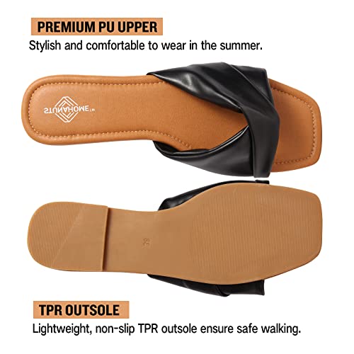 Stunahome Women's Flat Sandals Fashion Soft Leather Crossover Square Open Toe Slip On Slides Casual Beach Sandals Slippers For Summer,Black #TOP3