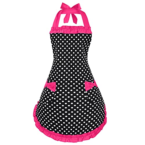 Violet Mist Cute Retro Aprons For Women Ladies Sexy Vintage Aprons Polka Dot Frilly Apron Cooking Kitchen 50S Vintage Aprons For Housewife Halloween Witch Mother’s Gift #TOP3