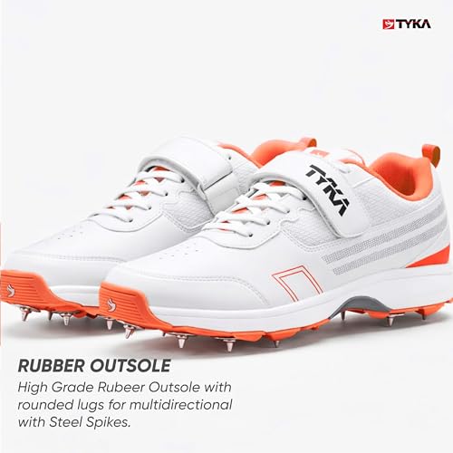 Image of TYKA Cricket Shoes Spikes for Junior | Synthetic PU Upper | Genuine Rubber and Phylon Sole | Lace Closure | Field Sports Shoes | Grip Support | Practice & Match Play