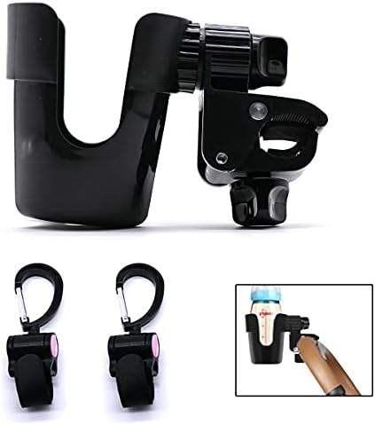 Universal Stroller Cup Holder, Pram Cup Holder 360 Degree Rotation, baby pushchair parent coffee cup holders, ABS Adjustable Bottle Organizer Accommodate with 2pcs Hooks, for Baby Bottles,Bike