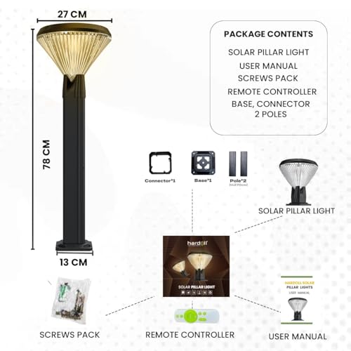 Image of hardoll Solar Gate & Garden Outdoor Lights for Home 8800mAh Battery, IP65 Waterproof, 64 LEDs, 3 Color Modes (Warm /Cool /Neutral), Remote Controlled, Round Shaped Pillar Lamps with Pole(Pack of 2)