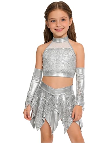 Robe danse latino jazz fille avec crop top paillettes et gants plumes