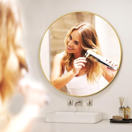 Image of EASLY 32 Inch Round Mirror, Gold Metal Frame Wall Mirror for Bathroom
