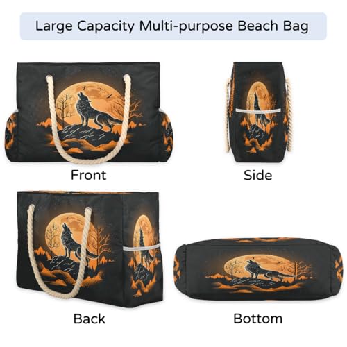 Starry Sky Wolf Mountain Women's Large Beach Bag Waterproof and Sand-proof Canvas Tote Lightweight Shoulder Bag Suitable for Pool Beach Travel Holiday Gym Yoga Care4