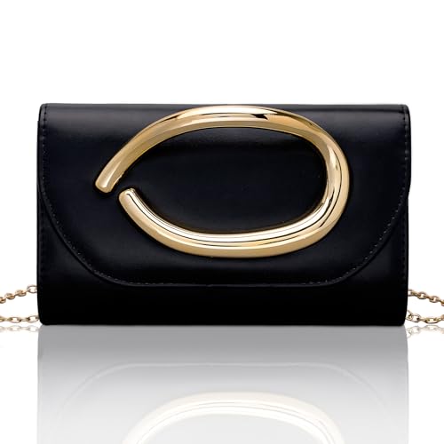 Larcenciel Black Leather Clutch Purse for Women w/ 3D Gold Acrylic Handle & Removable Chain Strap, Vintage Envelope Evening Clutch Bag, Formal Lady Crossbody Handbag for Party, Wedding, Cocktail, Prom
