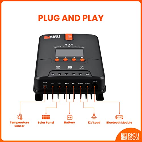 RICH SOLAR 40 Amp 12V/24V DC Input MPPT Solar Charge Controller with Bluetooth and LCD Screen and Multiple LED Indicators - Thumbnail 5
