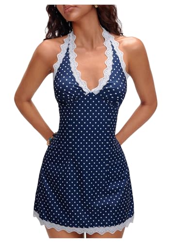 MakeMeChic Women's Lace Polka Dots Halter Dress Tie Backless Y2k Mini Dresses