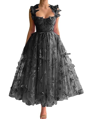 3D Butterfly Tulle Prom Dresses Embroidered Lace Spaghetti Straps Formal  Evening Gowns Tea Length: Clothing, Shoes & Jewelry - Amazon.com