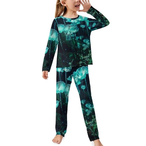 Blue Glowing MushroomsChildren's Pajama Set Round Neck Long Sleeve Top + Pants Two-piece Set140CM