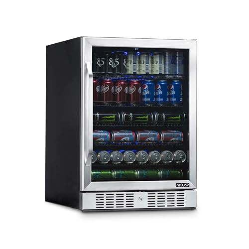 Image of NewAir Beverage Refrigerator with Glass Door | 177 Can Mini Fridge for Bedroom, Dorm, Office, or Gaming Setup | Soda, Beer, and Wine Cooler | Stainless Steel