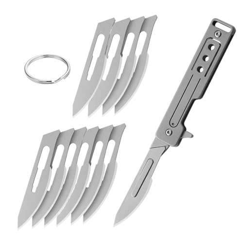 Mini Cuchillo Bisturí de Titanio con 10 Cuchillas Reemplazables, Navaja de Bolsillo con Aleta de Titanio, EDC Pocket Utility Knife, Cuchillo Plegable con Clip de Bolsillo, Navaja Plegable con llavero
