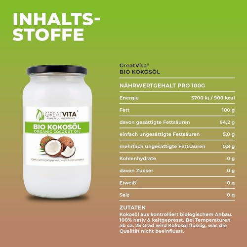 GreatVita Bio Kokosöl, nativ, 1000 ml im Glas zum Kochen Braten Backen