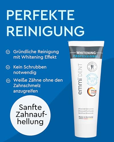emmi-Dent Ultraschall Zahnpasta Whitening I 3x75 ml I Mikrobläschen-Formel für weiße Zähne I Sanfte Zahnaufhellung I Ideal für empfindliches Zahnfleisch I Vegan, glutenfrei & ohne Titandioxid