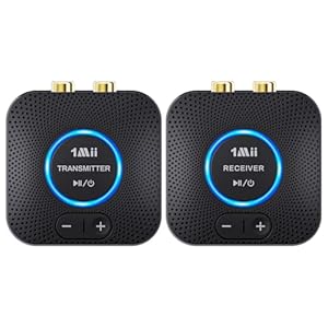 1Mii Drahtlos Audio Sender Empfänger für TV (1 TX+1 RX), 2,4GHz Long Range Wireless Audio Transmitter Receiver Set für Fernsehen to Home Stereo/Speakers/Amplifier, Low Latency 3,5mm/RCA Audio Adapter