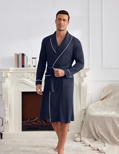 Image of Ekouaer Mens Robes Lightweight Waffle Knit Kimono Bathrobe Long Sleeve Sleepwear Soft Knee Length Robe with Pockets S-3XL