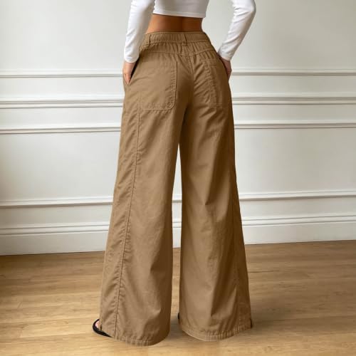 Rtdyvyuhb Women's Travel Pants with Pockets Wide Leg Drawstring Gym Baggy High Waisted Casual Elastic Waistband Sweatpants Khaki Large - image 3