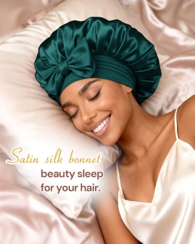 Image of BONNET QUEEN Silk Bonnet for Sleeping for Women Satin Bonnet Night Cap for Curly Hair with Tie Band, Darkish Green