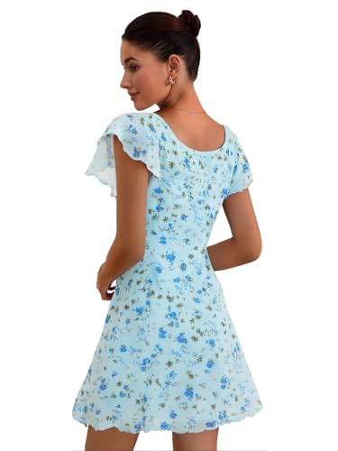 Image of Floerns Women's Floral Print Cap Sleeve Dress Square Neck Tie Front Summer A Line Cute Mini Dresses Blue M