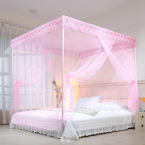 naturetalk Bed Canopy, Princess Bed Curtain Net for Girls & Adults，Three-Doors Rectangle Lace Dome Netting (Baby Pink, King)