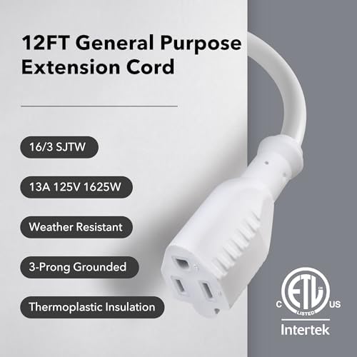 BN-LINK 3.7m(12피트) 야외 연장 코드, 3갈래, 16게이지 범용 전원 코드, 접지 플러그, 화이트, 조경 및 휴일 장식, 가정 및 사무실용, 13A ETL — 사진 4