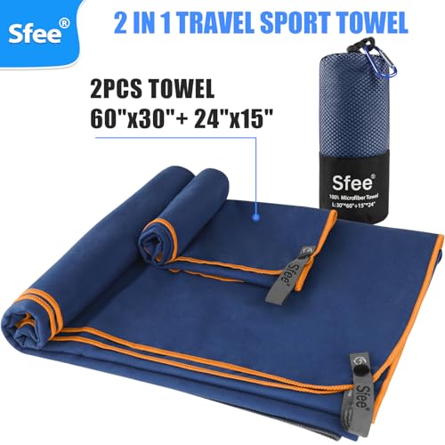 Sfee 2 Pack Microfiber Travel Towel, Quick Dry Towel Camping Towel Large Beach Towel Super Absorbent Compact Lightweight Sports Gym Towels for Beach, Gym, Hiking, Pool, Backpacking, Bath, Yoga