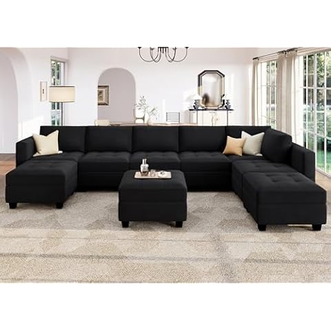 HONBAY Velvet Modular Sectional Sofa with Storage U Shaped Sectional Couches for Living Room Black Cover