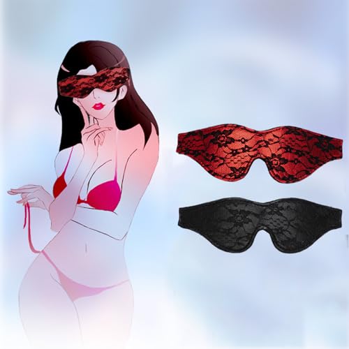 KUAIQI BDSM Kopfmaske Fetisch Gesichtsmaske，2 Stück Sexy Lace Augenmaske，Schlafmaske aus Satin，Sex Augenklappe,SM Elastikmasken,Augenbinde Fetisch Bondage Sex Spielzeug für Paare（Schwarz+Rot）