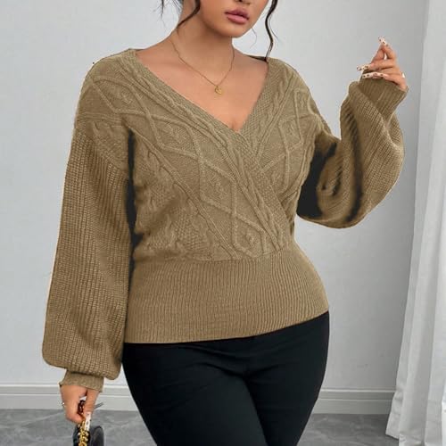 Image of ZAFUL Women's V Neck Cable Knit Sweater Long Sleeve Ribbed Crop Tops Wrap Surplice Solid Casual Pullover Jumper