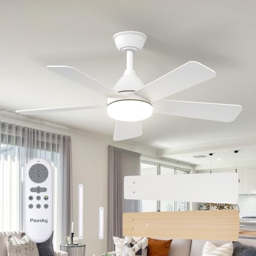 Image of Passky Ceiling Fans with Lights, 42 inch Sleek Ceiling Fan with Light and Remote Control, 3CCT, Dimmable, Reversible, Noiseless, White Ceiling Fan for Bedroom, Living Room