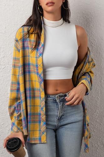 Image of CHYRII Womens Button Down Flannel Shirts Long Sleeve Plaid Shackets Business Casual Blouse Top