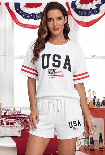 Image of VILOVE 4th of July 2 Piece Sequin Outfits Women Star Stripe Shirts and Short Sets Casual Patriotic Shirt Summer Set