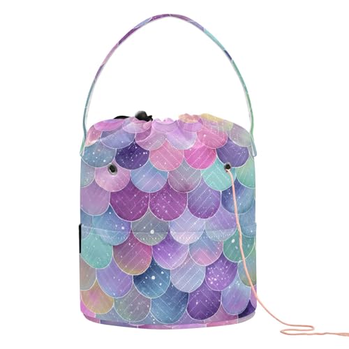 Image of ElliTarr Crochet Bag Yarn Bag with Handle Portable Knitting Project Bag Travel Yarn Storage Organizer Holder Case Watercolor Mermaid Scales Colors